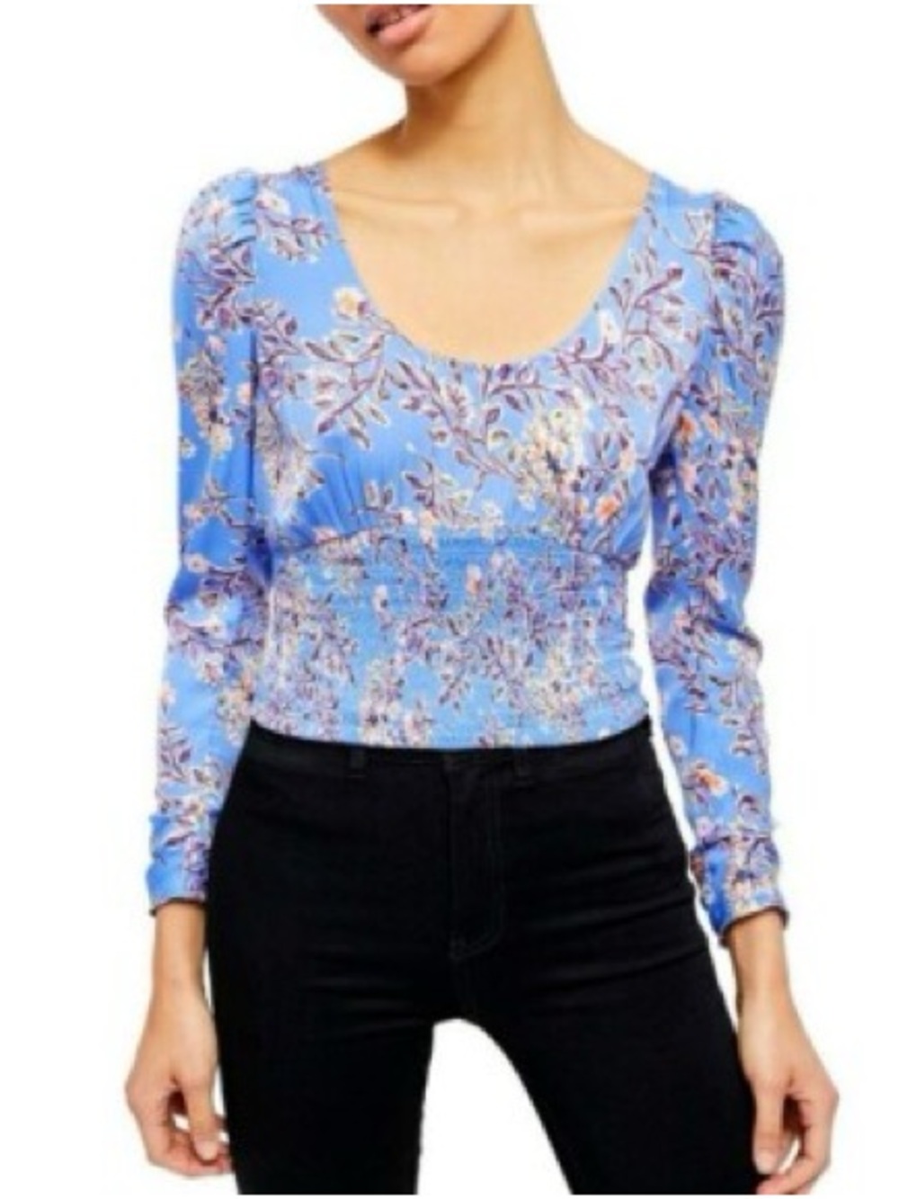 Free People Blue Floral Scoop-Neck Long Sleeve Top